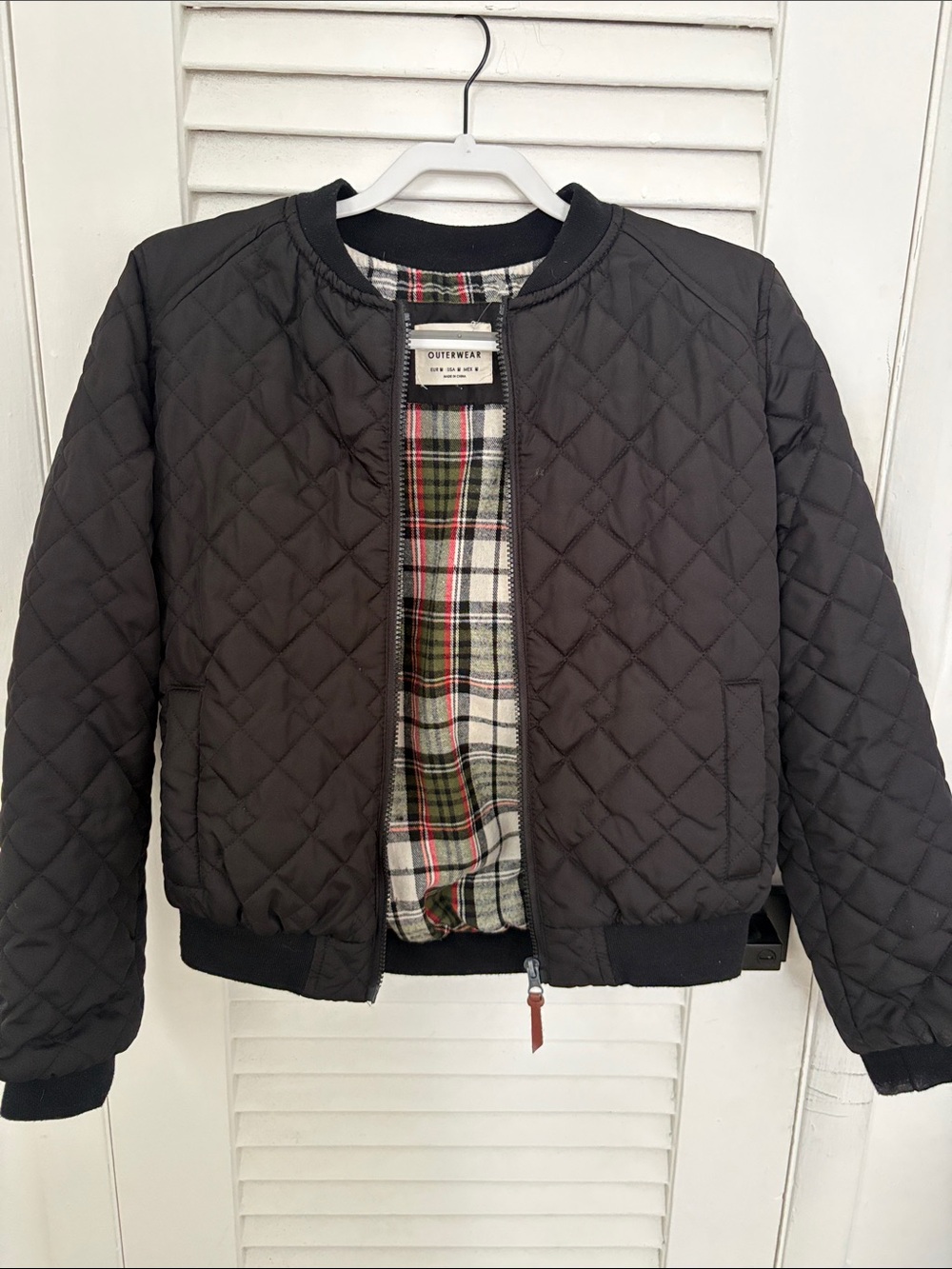 Women’s Ashley By 26 International Black Quilted Bomber Jacket with Plaid Lining